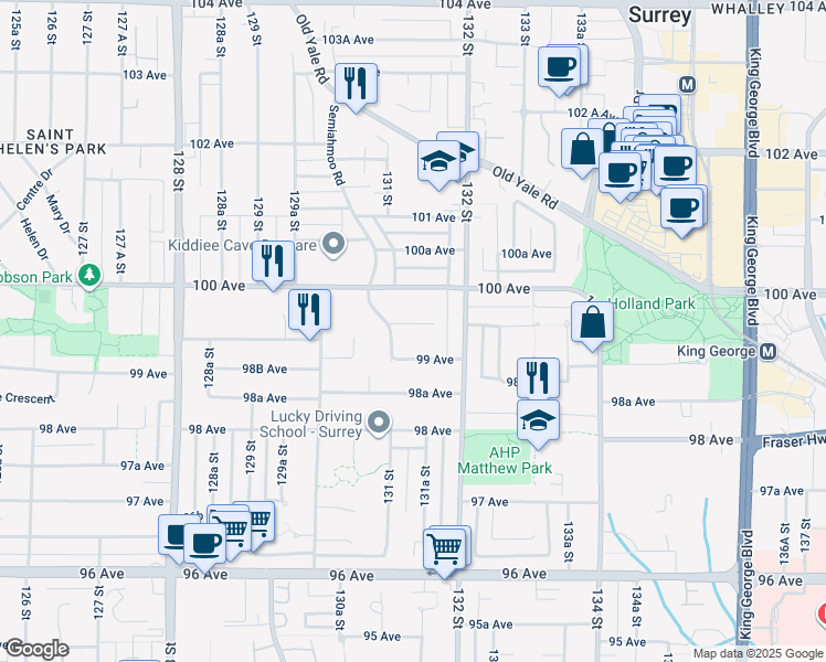 map of restaurants, bars, coffee shops, grocery stores, and more near 13134 99A Avenue in Surrey