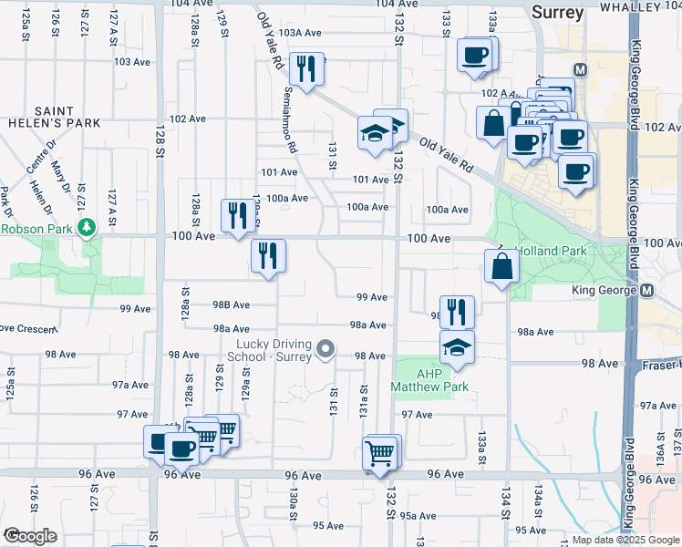 map of restaurants, bars, coffee shops, grocery stores, and more near 9942 Semiahmoo Road in Surrey