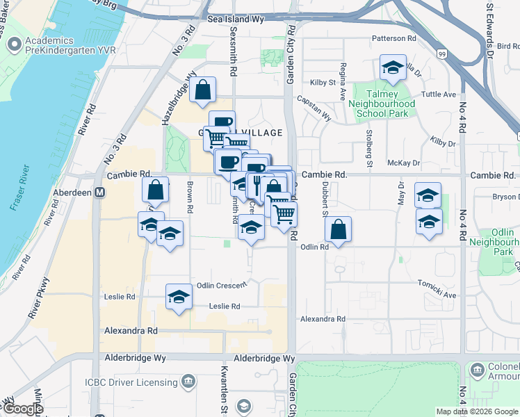 map of restaurants, bars, coffee shops, grocery stores, and more near 8700 McKim Way in Richmond