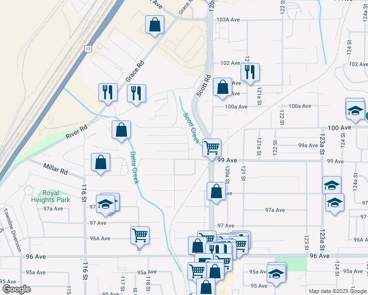 map of restaurants, bars, coffee shops, grocery stores, and more near 9939 119A Street in Surrey