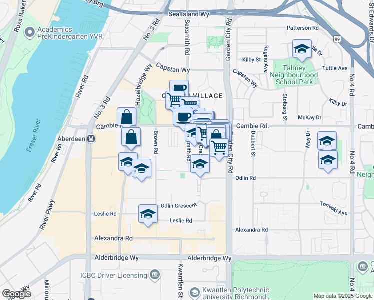 map of restaurants, bars, coffee shops, grocery stores, and more near 8600 Cambie Road in Richmond