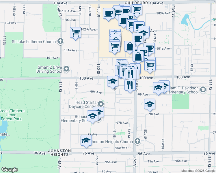 map of restaurants, bars, coffee shops, grocery stores, and more near 9971 151 Street in Surrey