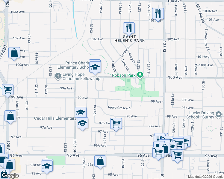 map of restaurants, bars, coffee shops, grocery stores, and more near 12533 99A Avenue in Surrey