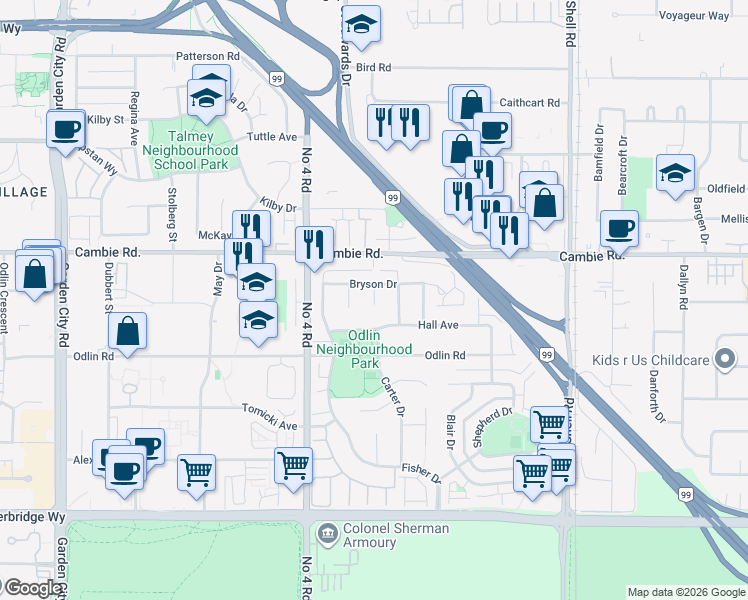 map of restaurants, bars, coffee shops, grocery stores, and more near 4151 Bryson Court in Richmond