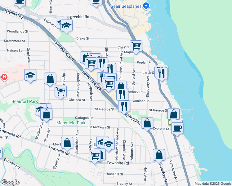map of restaurants, bars, coffee shops, grocery stores, and more near 1150 Terminal Avenue North in Nanaimo