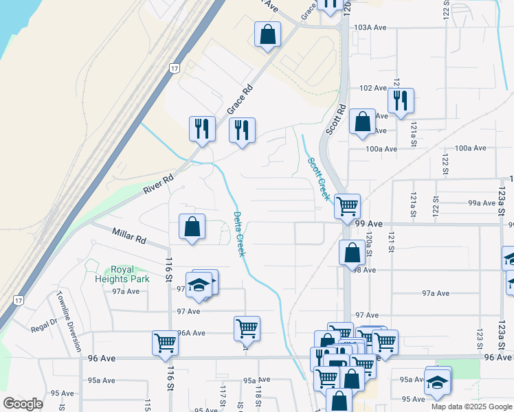 map of restaurants, bars, coffee shops, grocery stores, and more near 11794 99A Avenue in Surrey