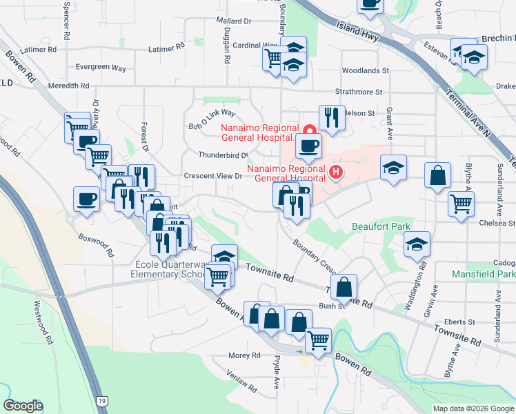 map of restaurants, bars, coffee shops, grocery stores, and more near 1600 Dufferin Crescent in Nanaimo