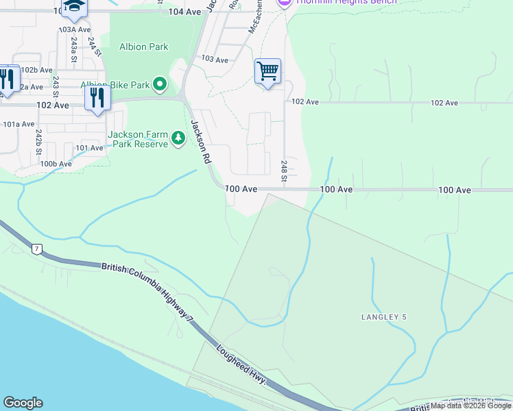 map of restaurants, bars, coffee shops, grocery stores, and more near 24742 100 Avenue in Maple Ridge