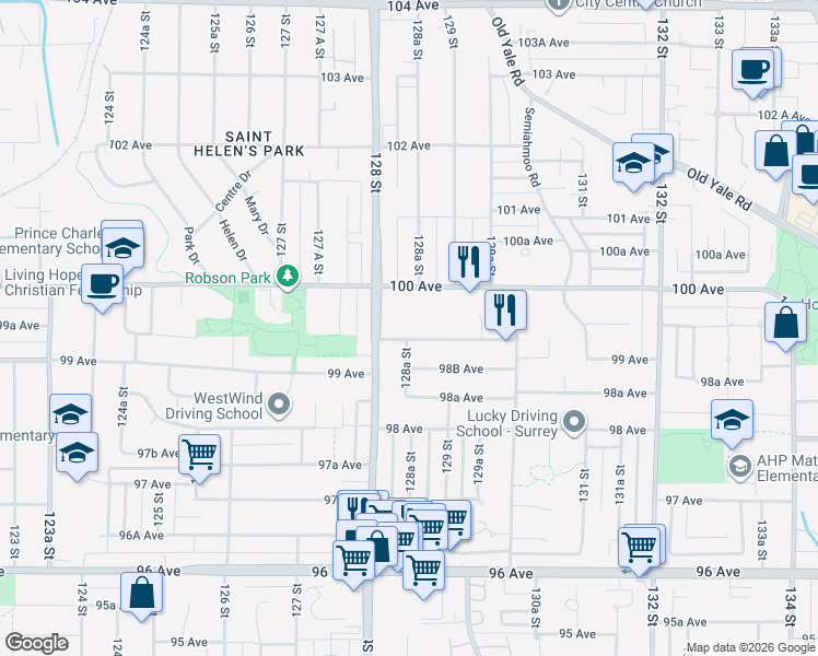 map of restaurants, bars, coffee shops, grocery stores, and more near 12845 99 Avenue in Surrey