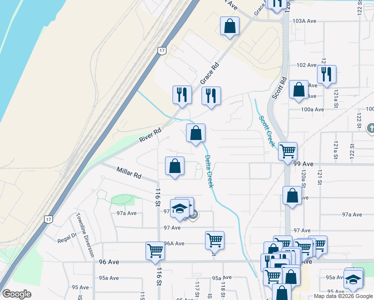 map of restaurants, bars, coffee shops, grocery stores, and more near 11681 99A Avenue in Surrey