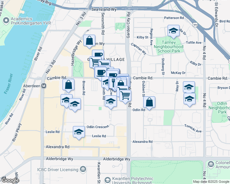 map of restaurants, bars, coffee shops, grocery stores, and more near 8888 Odlin Crescent in Richmond