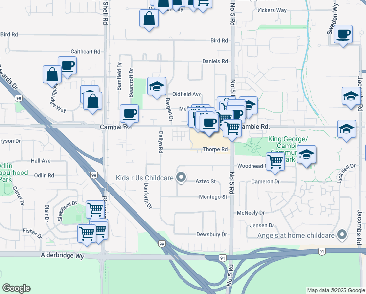 map of restaurants, bars, coffee shops, grocery stores, and more near 11511 Thorpe Road in Richmond