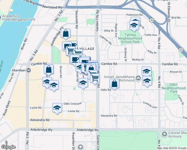 map of restaurants, bars, coffee shops, grocery stores, and more near 8788 McKim Way in Richmond