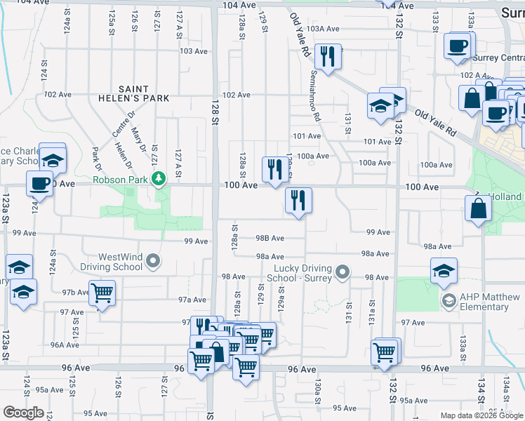 map of restaurants, bars, coffee shops, grocery stores, and more near 12907 99 Avenue in Surrey