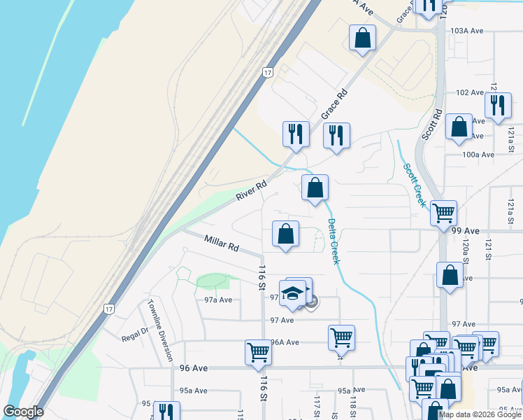 map of restaurants, bars, coffee shops, grocery stores, and more near 9933 116 Street in Surrey