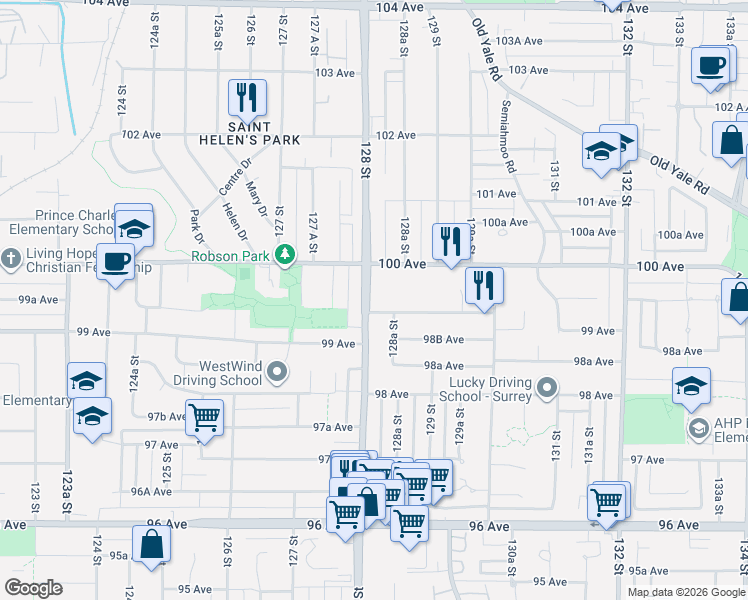 map of restaurants, bars, coffee shops, grocery stores, and more near 9944 128 Street in Surrey