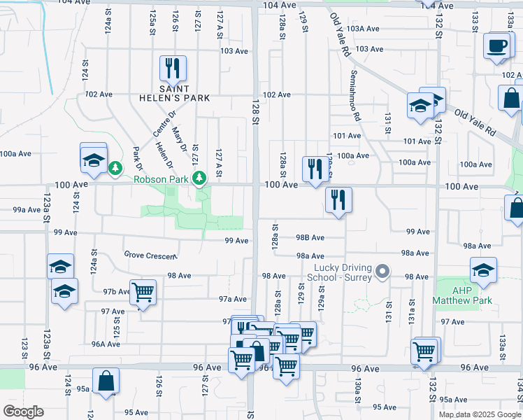 map of restaurants, bars, coffee shops, grocery stores, and more near 9944 128 Street in Surrey