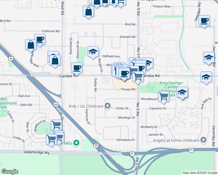 map of restaurants, bars, coffee shops, grocery stores, and more near in Richmond