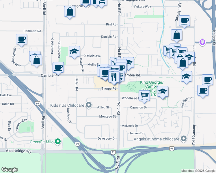 map of restaurants, bars, coffee shops, grocery stores, and more near 4051 Number 5 Road in Richmond