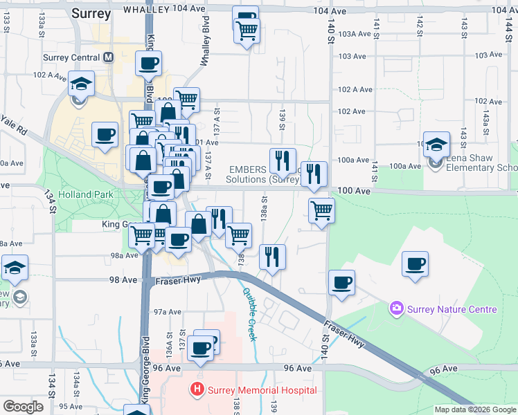 map of restaurants, bars, coffee shops, grocery stores, and more near 9955 138A Street in Surrey