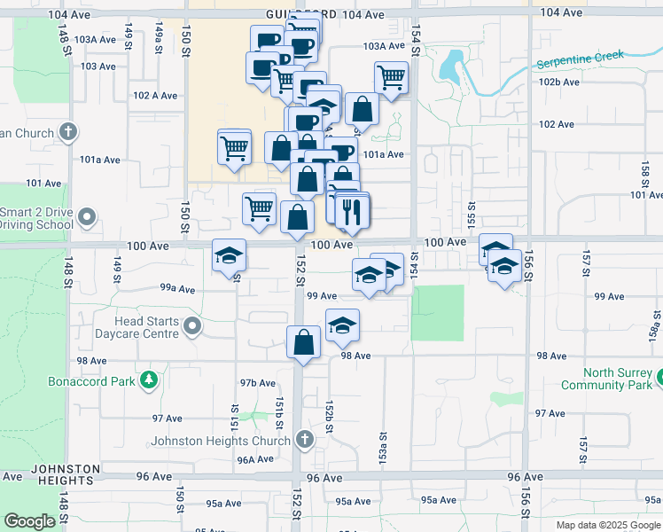 map of restaurants, bars, coffee shops, grocery stores, and more near in Surrey