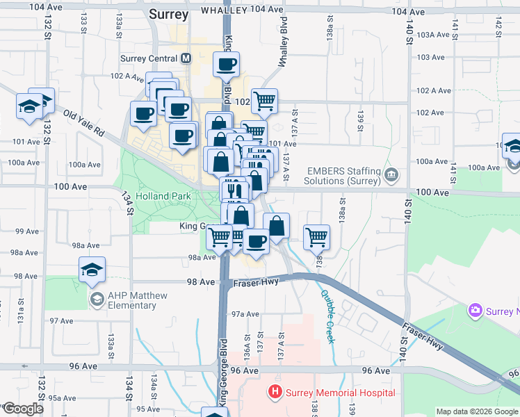 map of restaurants, bars, coffee shops, grocery stores, and more near 9981 Whalley Boulevard in Surrey
