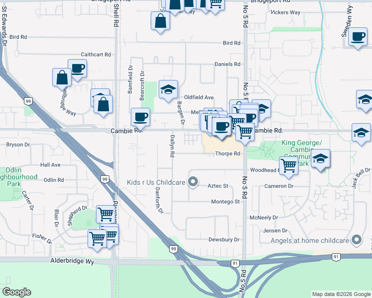 map of restaurants, bars, coffee shops, grocery stores, and more near 11391 Thorpe Road in Richmond