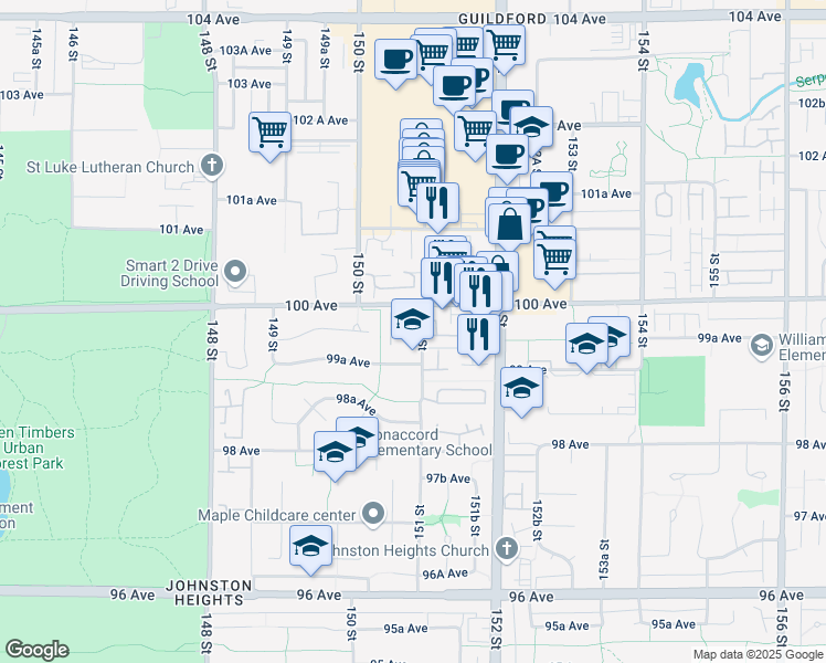 map of restaurants, bars, coffee shops, grocery stores, and more near 9947 151 Street in Surrey