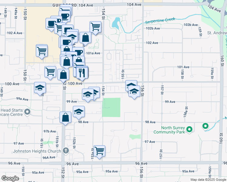 map of restaurants, bars, coffee shops, grocery stores, and more near 15487 99A Avenue in Surrey