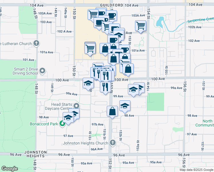 map of restaurants, bars, coffee shops, grocery stores, and more near 9965 152 Street in Surrey
