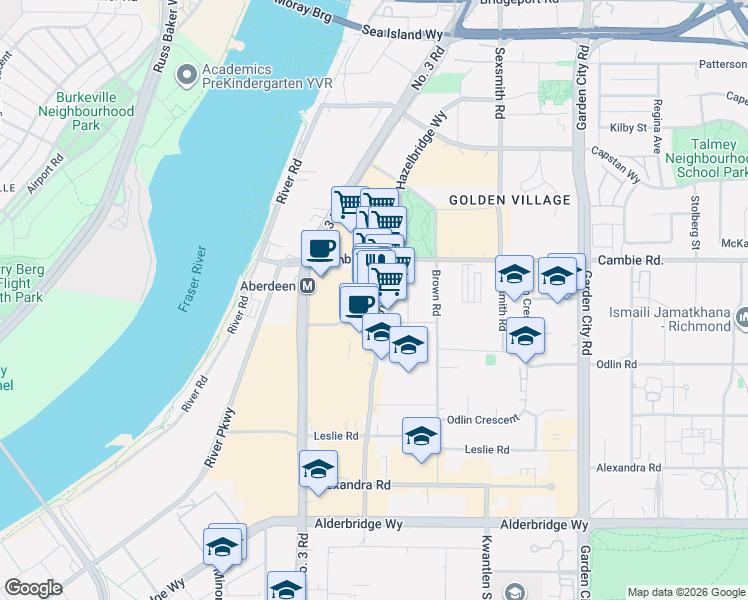 map of restaurants, bars, coffee shops, grocery stores, and more near 4151 Hazelbridge Way in Richmond