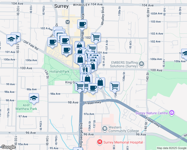 map of restaurants, bars, coffee shops, grocery stores, and more near in Surrey