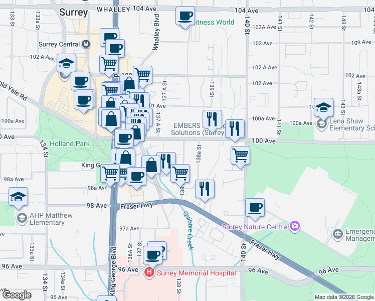 map of restaurants, bars, coffee shops, grocery stores, and more near 9964 138 Street in Surrey