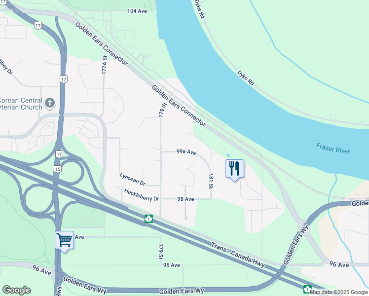 map of restaurants, bars, coffee shops, grocery stores, and more near 17999 99A Avenue in Surrey