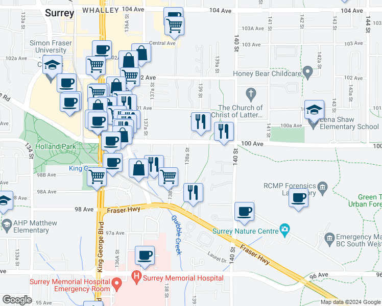 map of restaurants, bars, coffee shops, grocery stores, and more near 11416 138 Street in Surrey