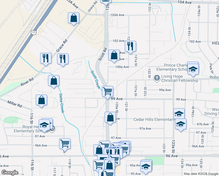 map of restaurants, bars, coffee shops, grocery stores, and more near 9964 120 Street in Surrey