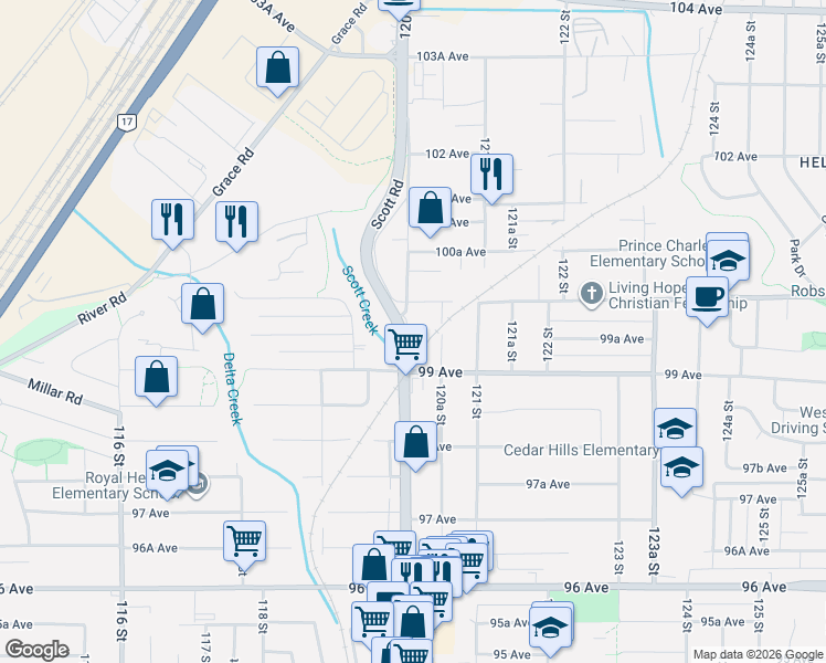 map of restaurants, bars, coffee shops, grocery stores, and more near 9964 120 Street in Surrey