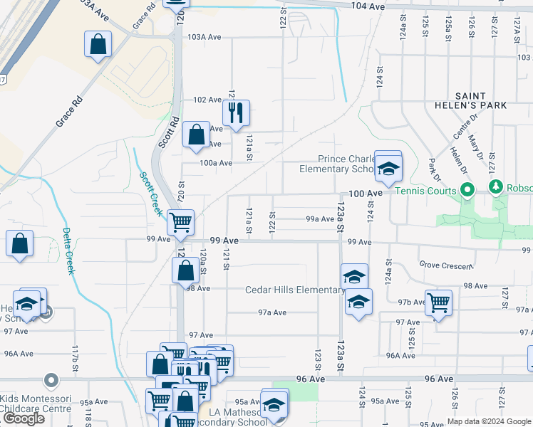 map of restaurants, bars, coffee shops, grocery stores, and more near 9961 122 Street in Surrey
