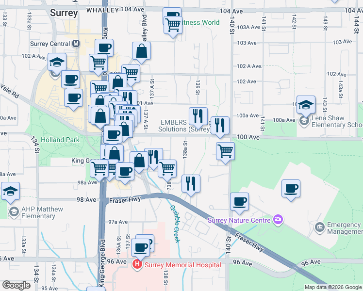 map of restaurants, bars, coffee shops, grocery stores, and more near 9969 138A Street in Surrey