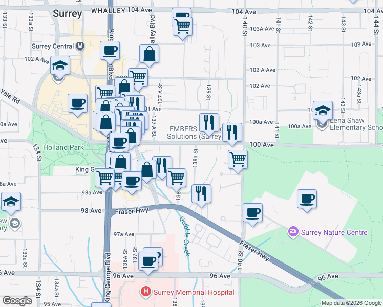 map of restaurants, bars, coffee shops, grocery stores, and more near 9969 138A Street in Surrey