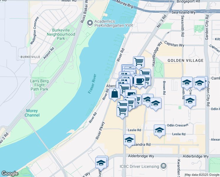 map of restaurants, bars, coffee shops, grocery stores, and more near 7630 River Drive in Richmond