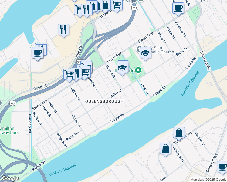 map of restaurants, bars, coffee shops, grocery stores, and more near 211 Hampton Street in New Westminster