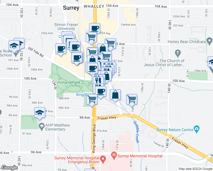 map of restaurants, bars, coffee shops, grocery stores, and more near 9981 Whalley Boulevard in Surrey