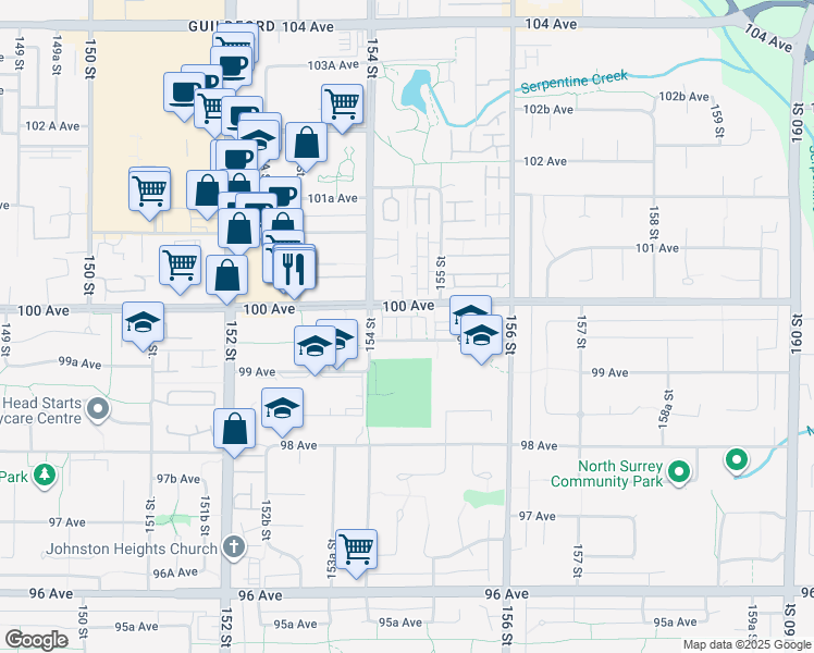 map of restaurants, bars, coffee shops, grocery stores, and more near 15487 99A Avenue in Surrey