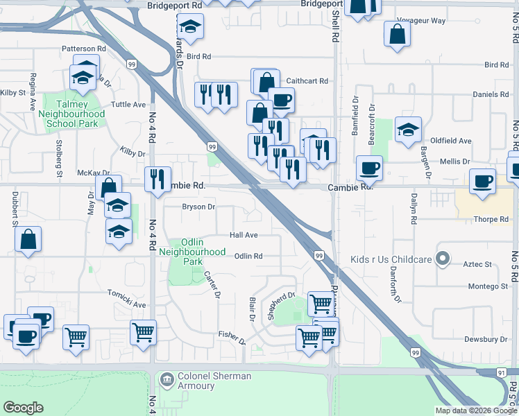 map of restaurants, bars, coffee shops, grocery stores, and more near 10280 Bryson Drive in Richmond