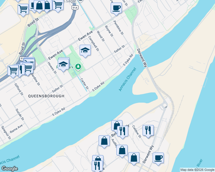 map of restaurants, bars, coffee shops, grocery stores, and more near 800 South Dyke Road in New Westminster