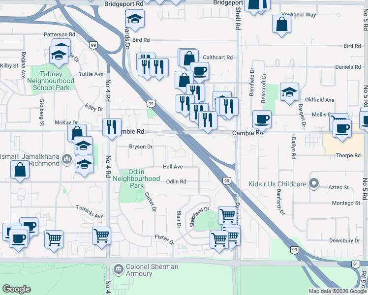 map of restaurants, bars, coffee shops, grocery stores, and more near 10280 Bryson Drive in Richmond