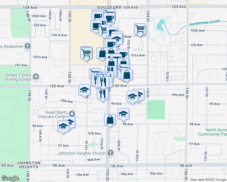 map of restaurants, bars, coffee shops, grocery stores, and more near 15238 100 Avenue in Surrey