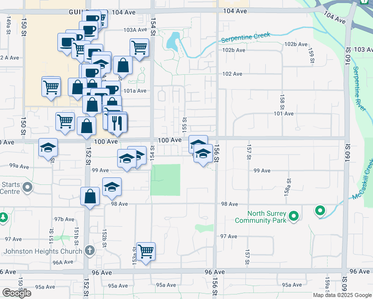 map of restaurants, bars, coffee shops, grocery stores, and more near 15489 99A Avenue in Surrey