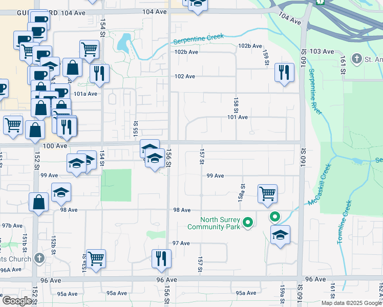 map of restaurants, bars, coffee shops, grocery stores, and more near 15672 99B Avenue in Surrey